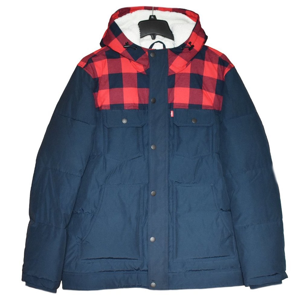 Levi's Men's Jacket Heavyweight Mid-Length Hooded Military Puffer Navy Red Plaid - Picture 3 of 6